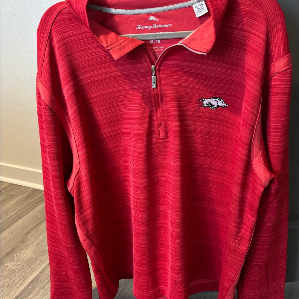 Tommy Bahama Red Zip Up Sweater with Textured Stripes